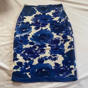 Blue and Ivory Floral Pencil Skirt